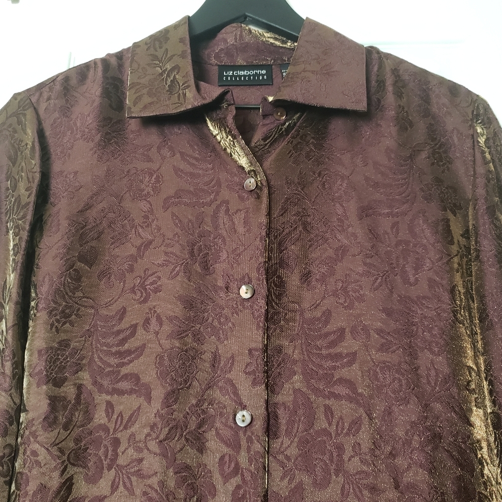 NWT vintage iridescent Liz Claiborne Collection floral, button-up blouse, sz 4.